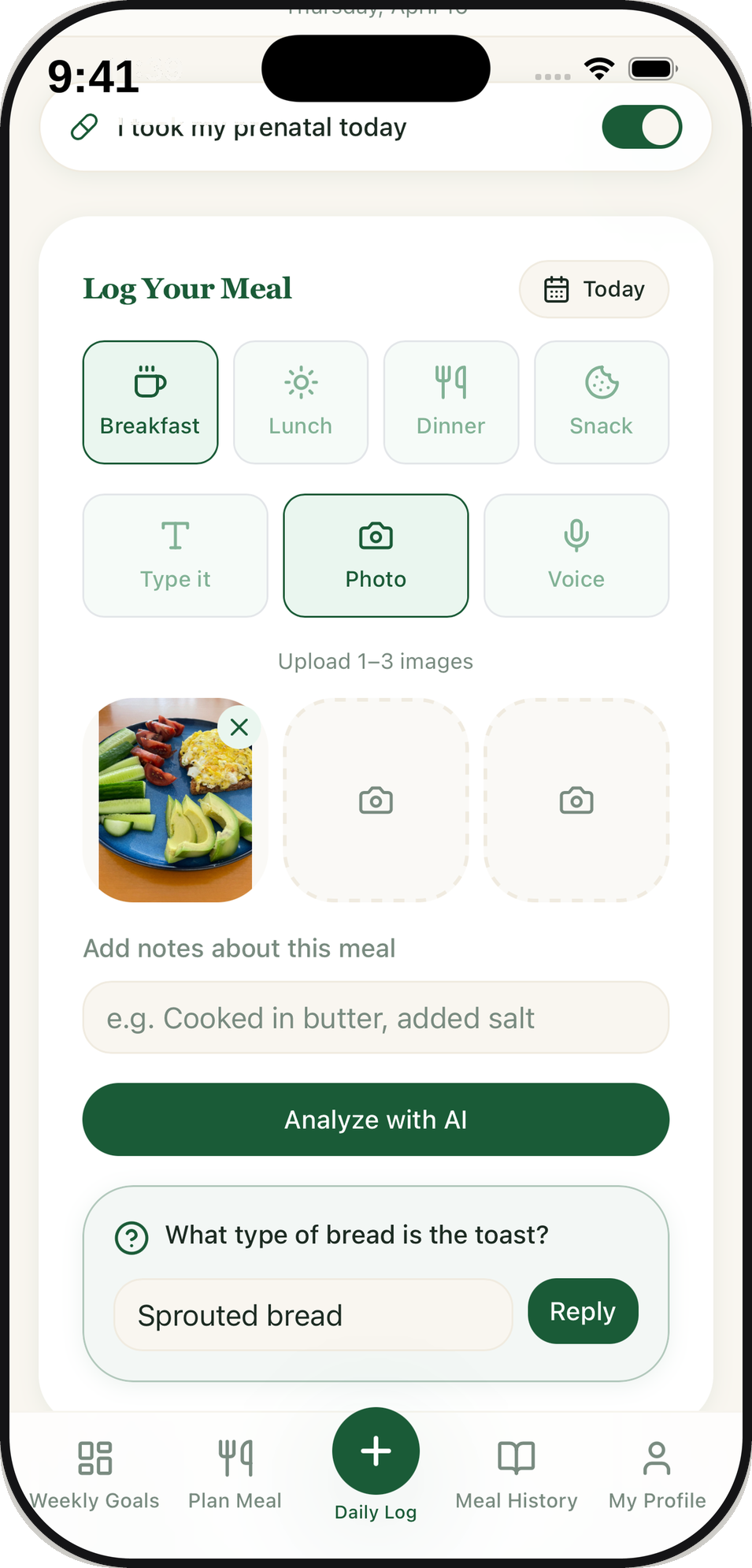 Log a meal with a photo, voice, or text — the app asks the right follow-up questions