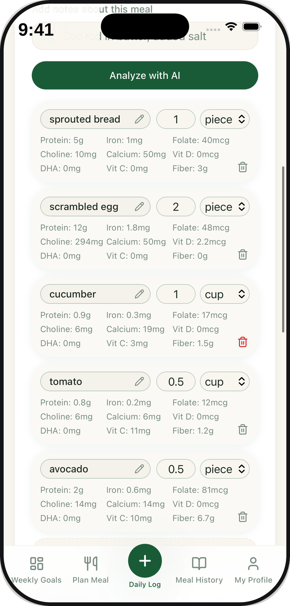 Full per-food nutrient breakdown of the meal you just logged