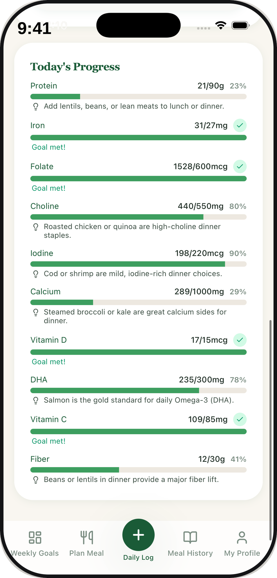 Daily progress on every key nutrient with personalized boost suggestions