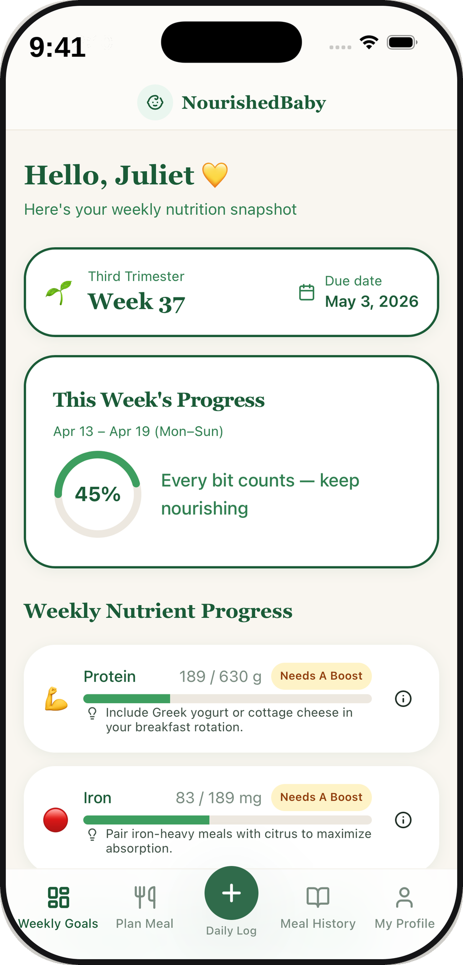 Weekly nutrition snapshot with trimester and due-date context